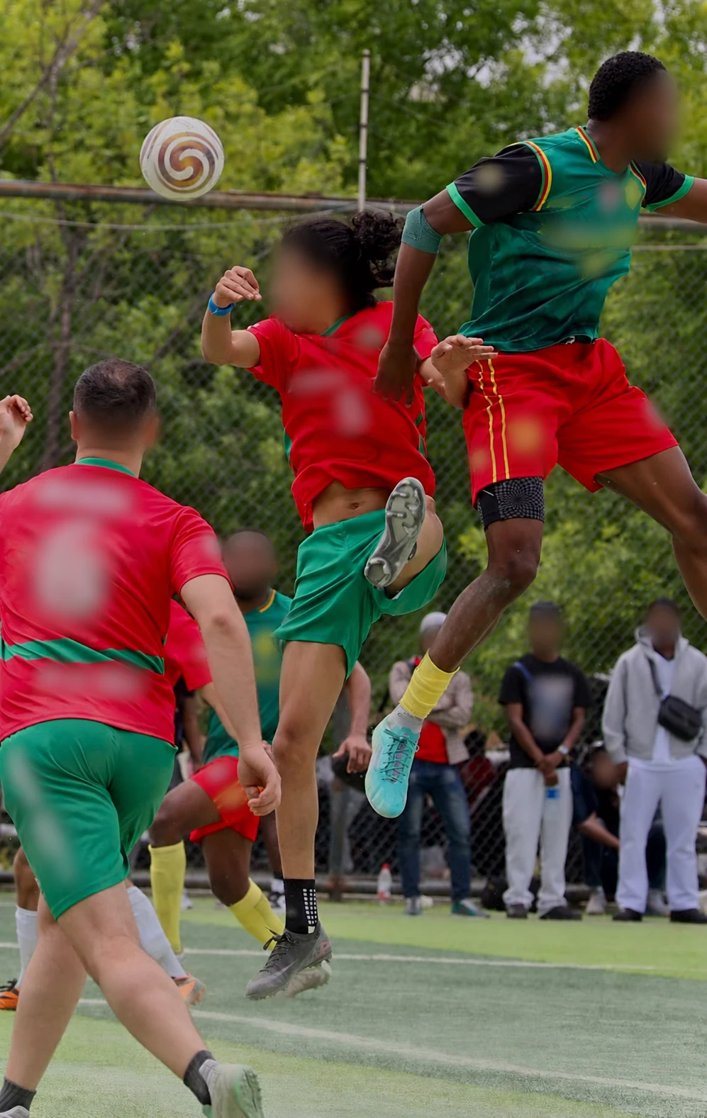 Privacy-edited project image showing green-and-black and red-and-green football kit combinations.