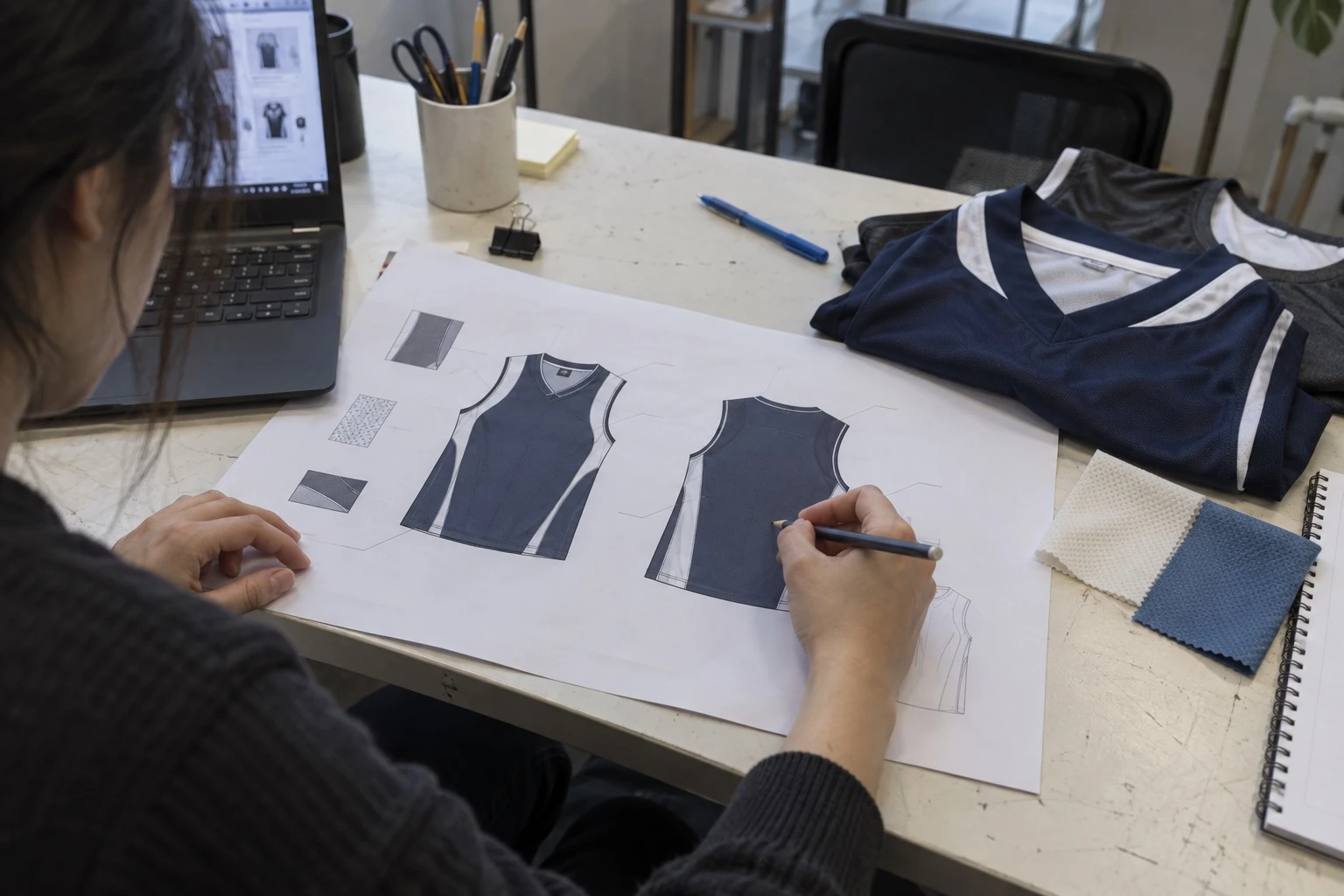 Illustration of teamwear artwork being reviewed