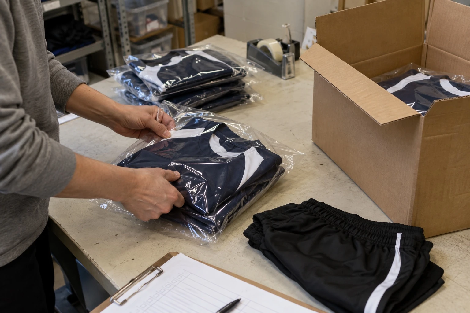 Illustration of folded teamwear being counted and packed for delivery