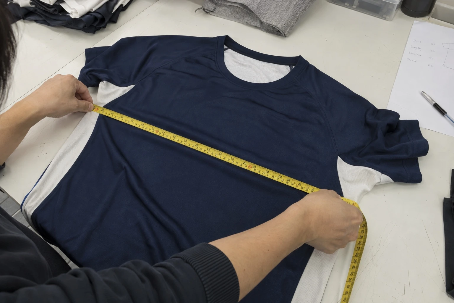 Illustration of a sample jersey being measured on a worktable