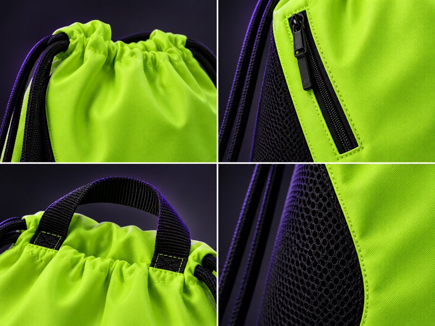 Drawstring channel, diagonal zipper, top handle and mesh panel visual reconstruction