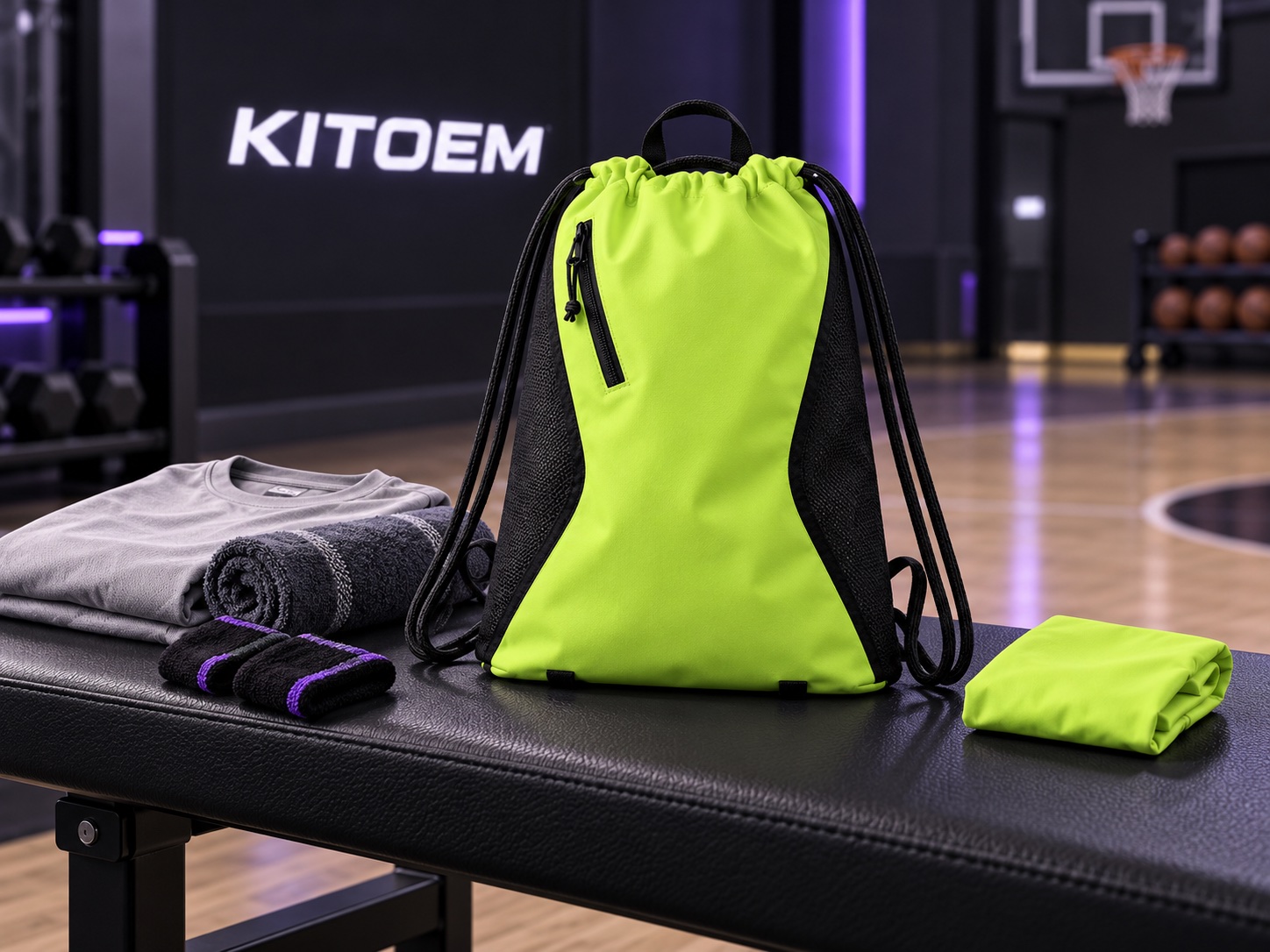 Visual reconstruction of a KITOEM drawstring bag beside lightweight training items on a gym bench