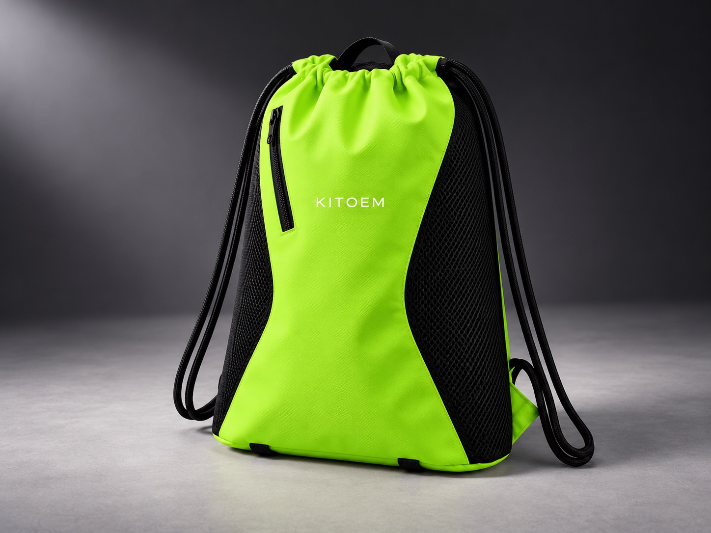 Fluorescent green and black KITOEM drawstring bag visual reconstruction