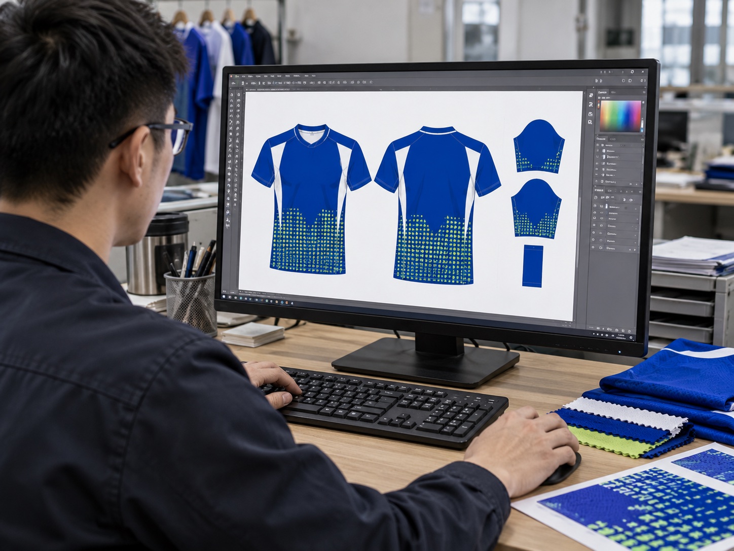 Design for a blue, white and lime custom football jersey