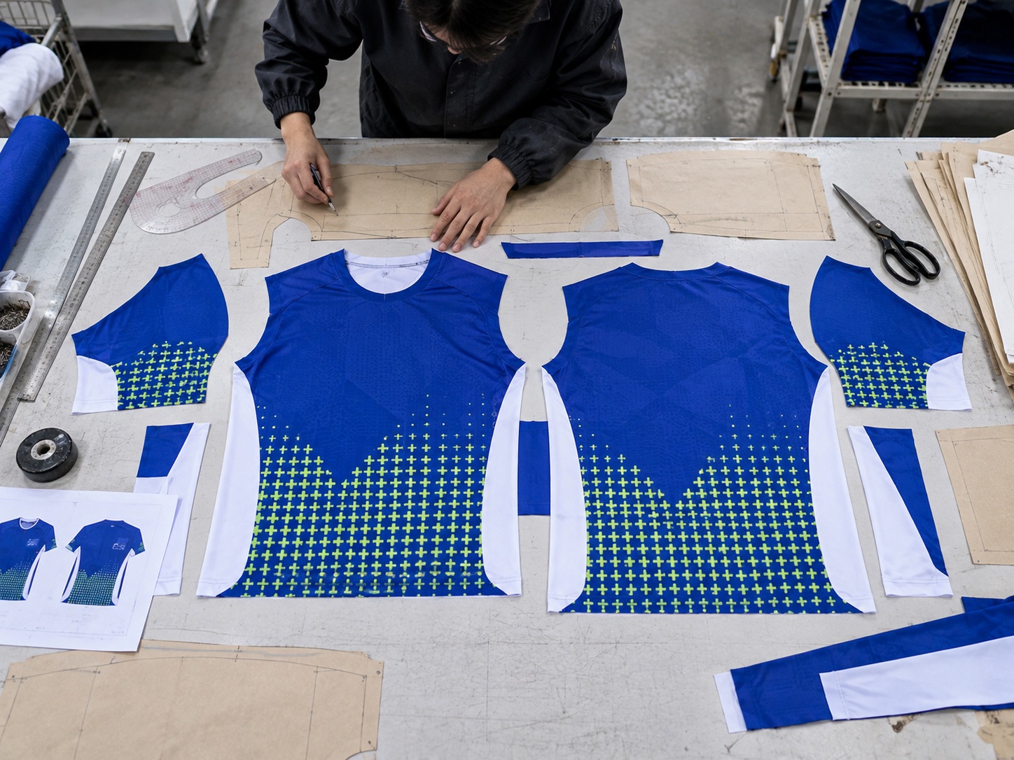 Pattern / layout making for a blue, white and lime custom football jersey