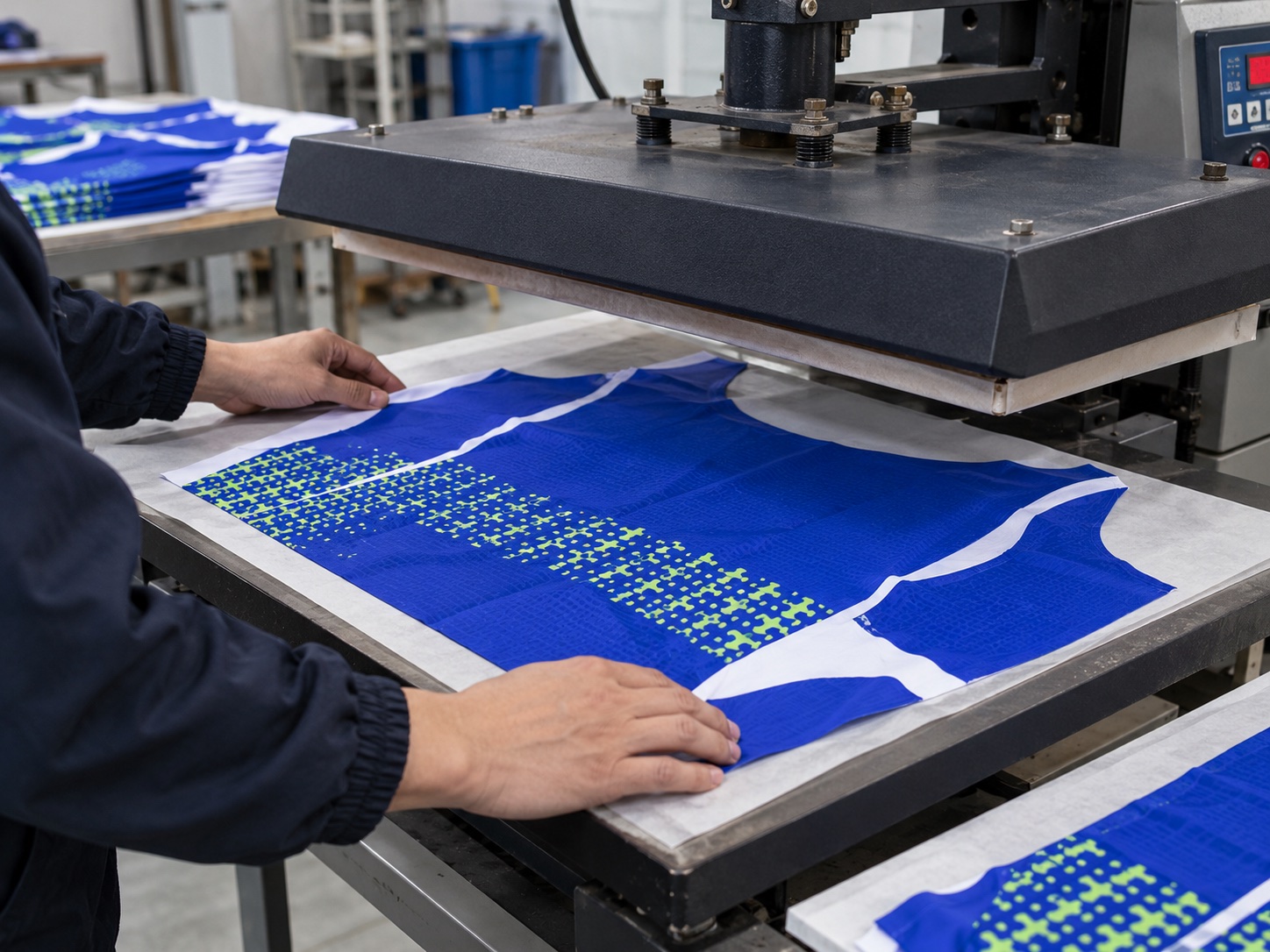 Heat pressing for a blue, white and lime custom football jersey