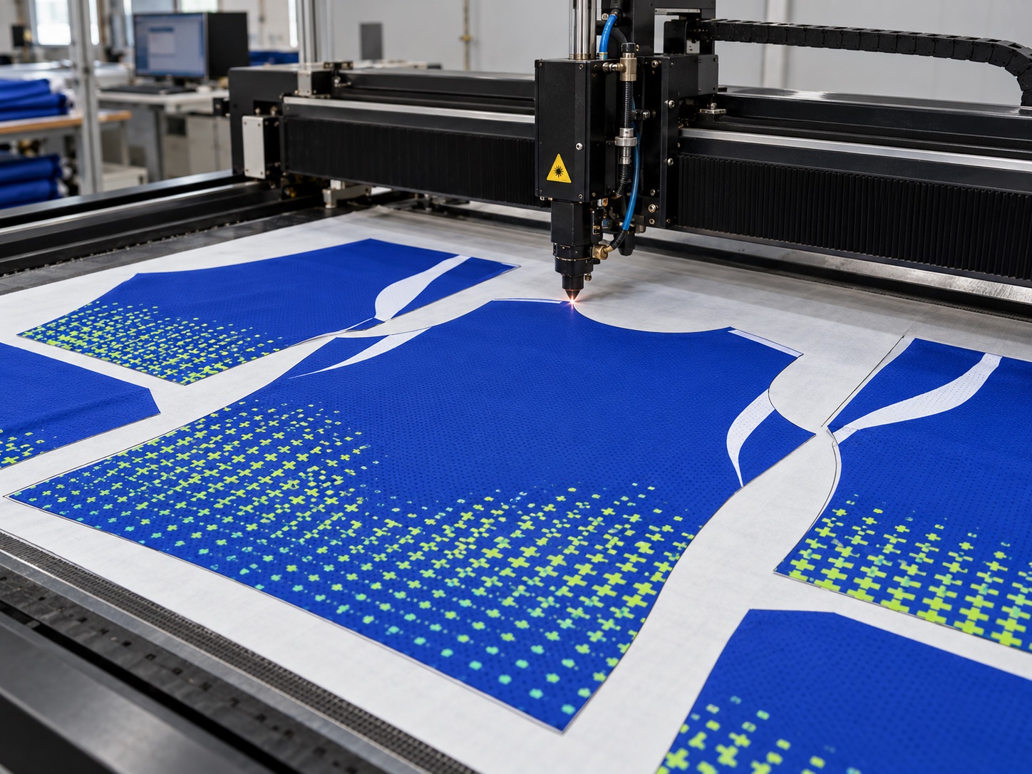 Laser cutting for a blue, white and lime custom football jersey