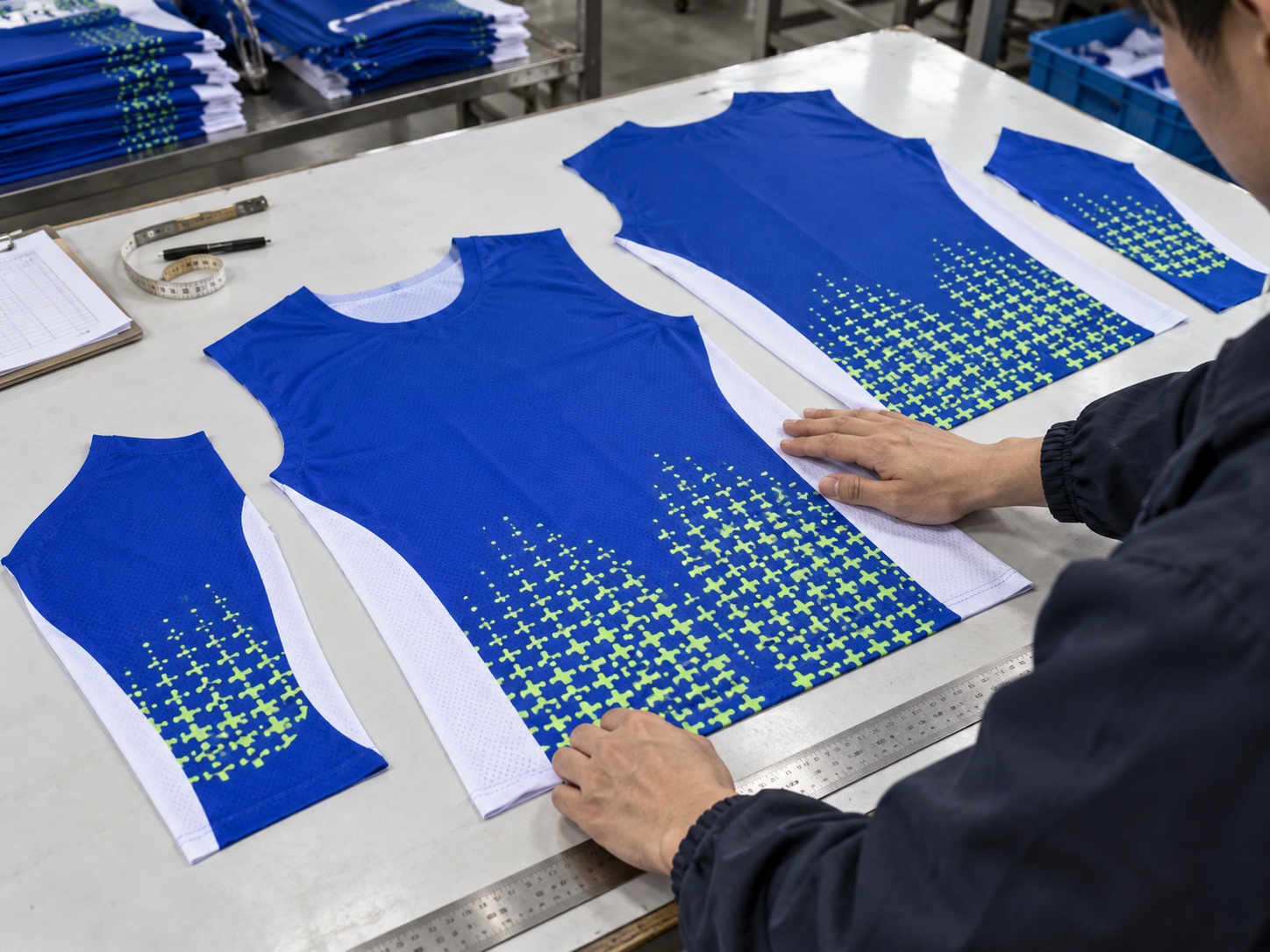 Cut-panel inspection for a blue, white and lime custom football jersey