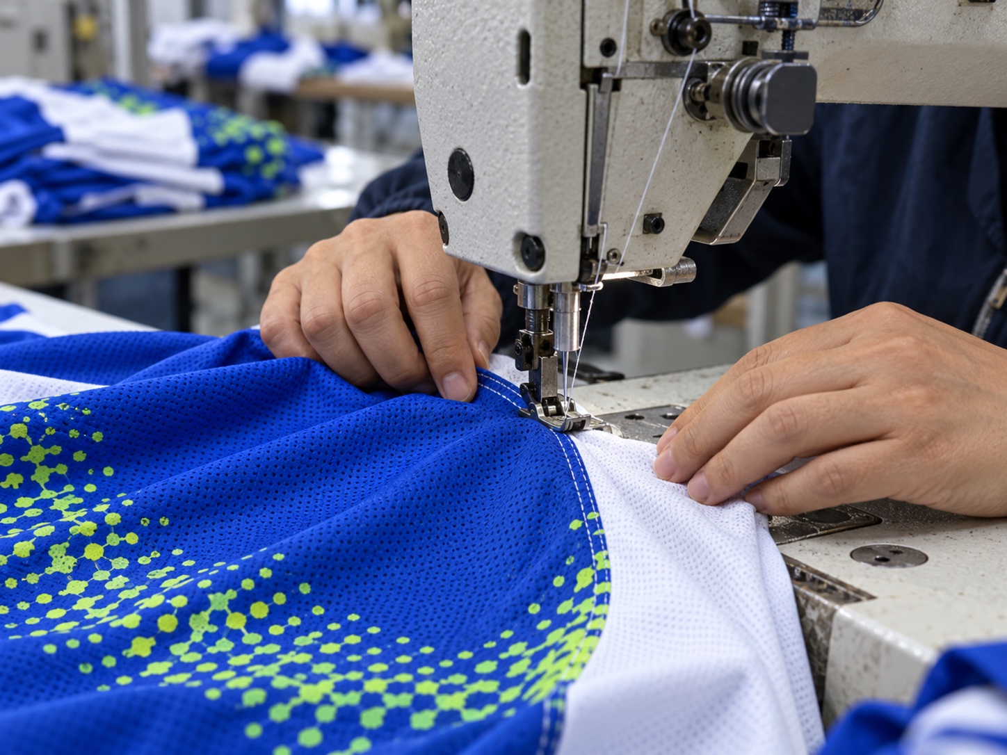 Sewing for a blue, white and lime custom football jersey