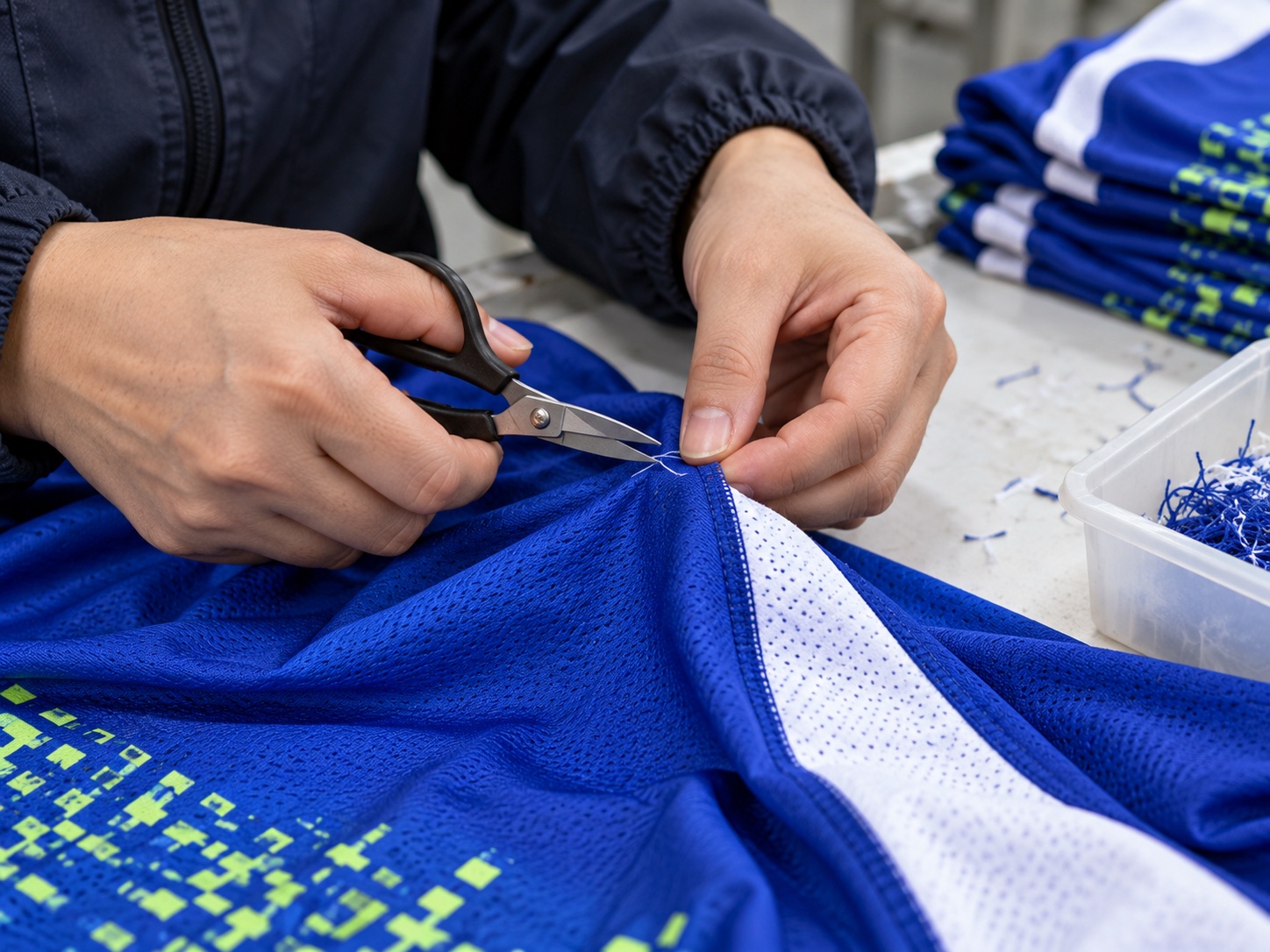 Thread trimming for a blue, white and lime custom football jersey
