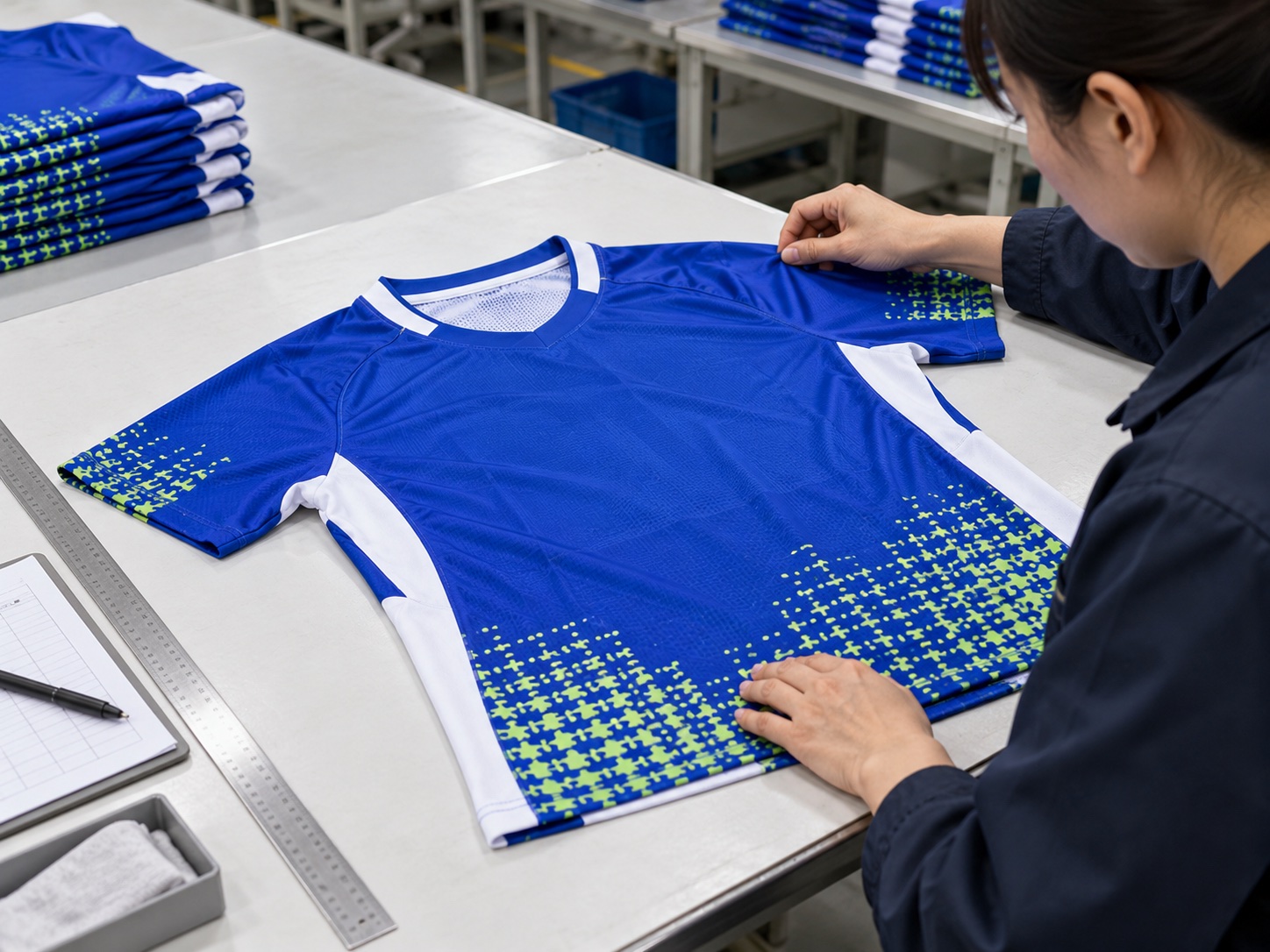 Finished-garment inspection for a blue, white and lime custom football jersey