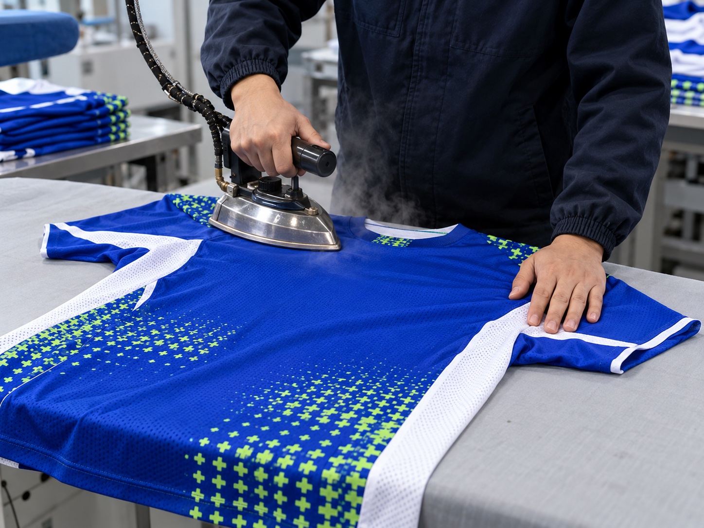 Ironing for a blue, white and lime custom football jersey