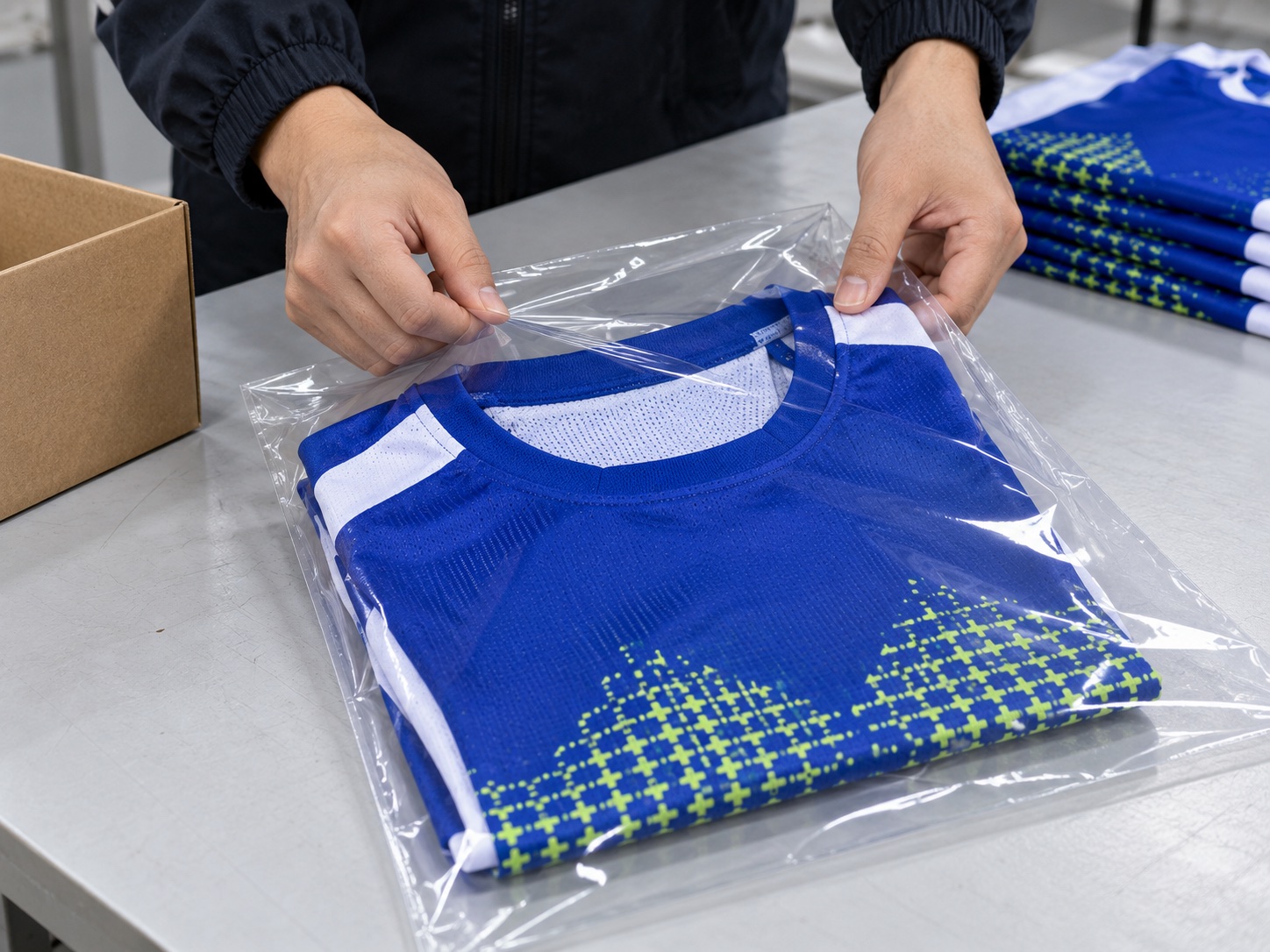 Packaging for a blue, white and lime custom football jersey