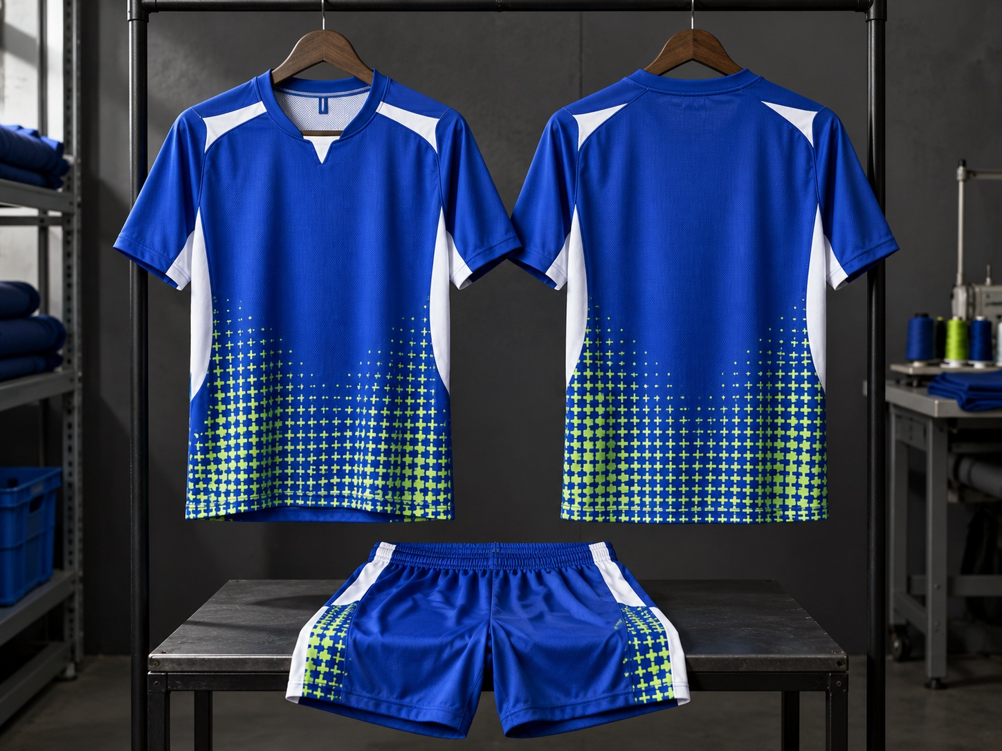 Finished-product display for a blue, white and lime custom football jersey