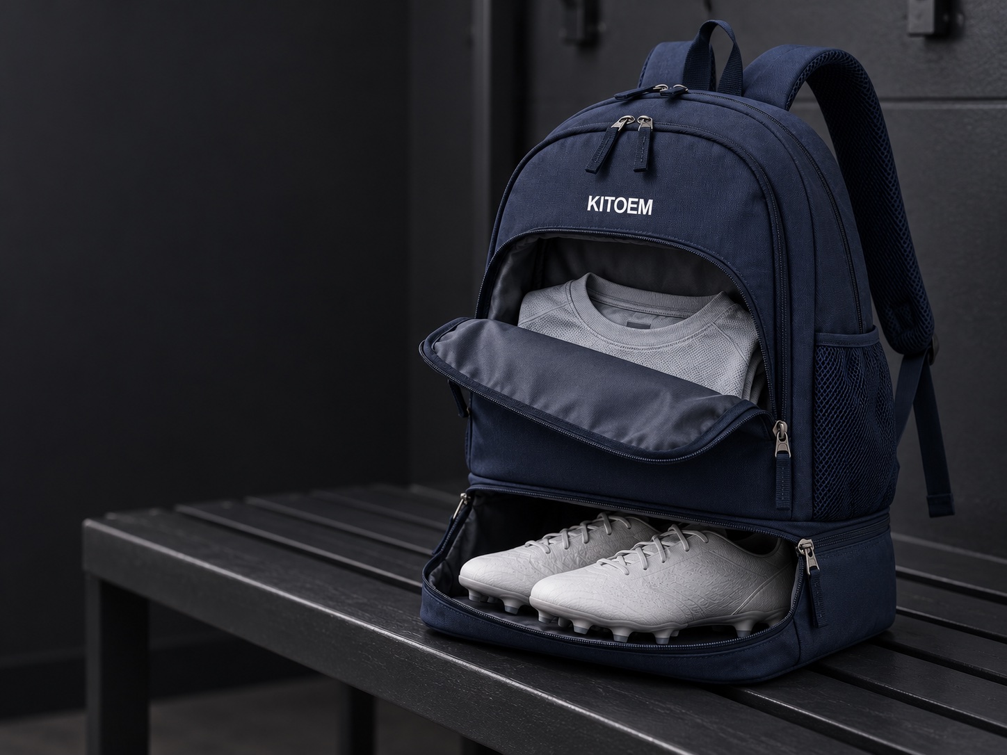 Open navy KITOEM football backpack with folded teamwear above and boots in a separate lower zone