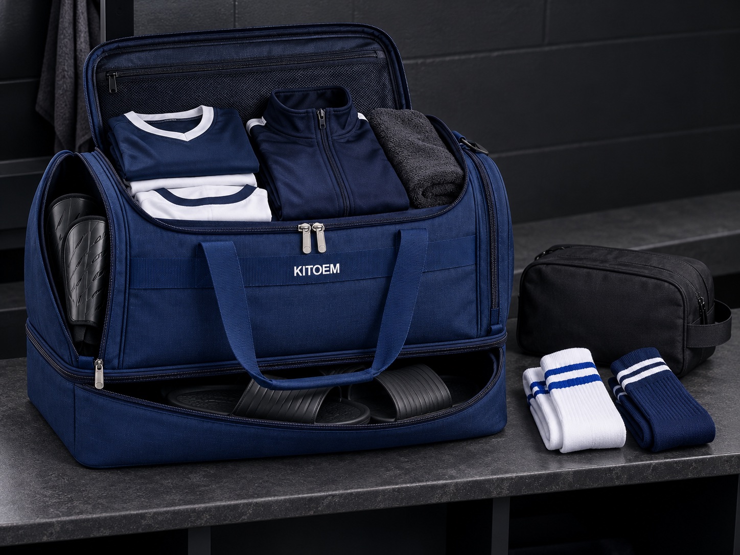 Open navy KITOEM football kit duffle with the confirmed match-day load-out arranged inside and beside the bag