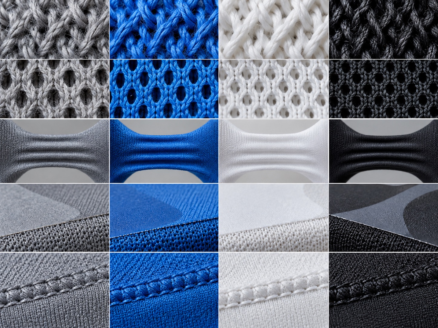 Macro comparison of smooth knit, mesh, stretch, printed surface and seam structures