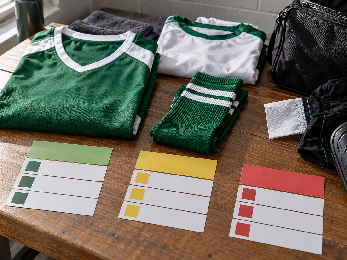 Folded teamwear items and blank priority cards illustrating essential, optional and contingency groups