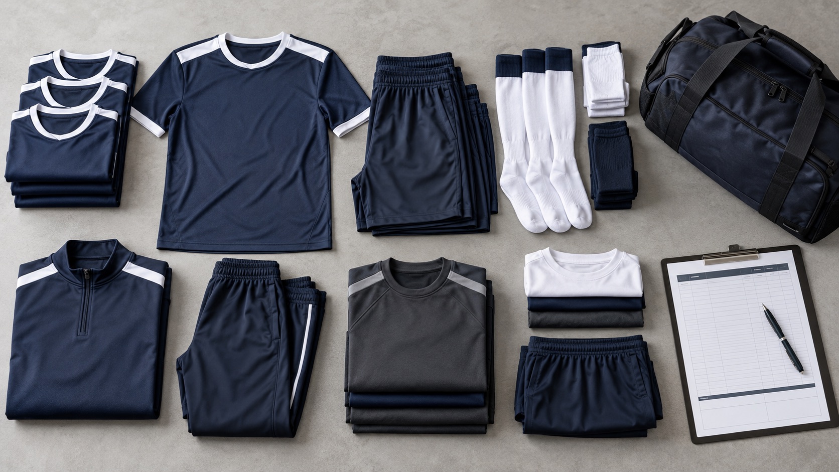 Complete teamwear package arranged with a blank budget worksheet for cost planning