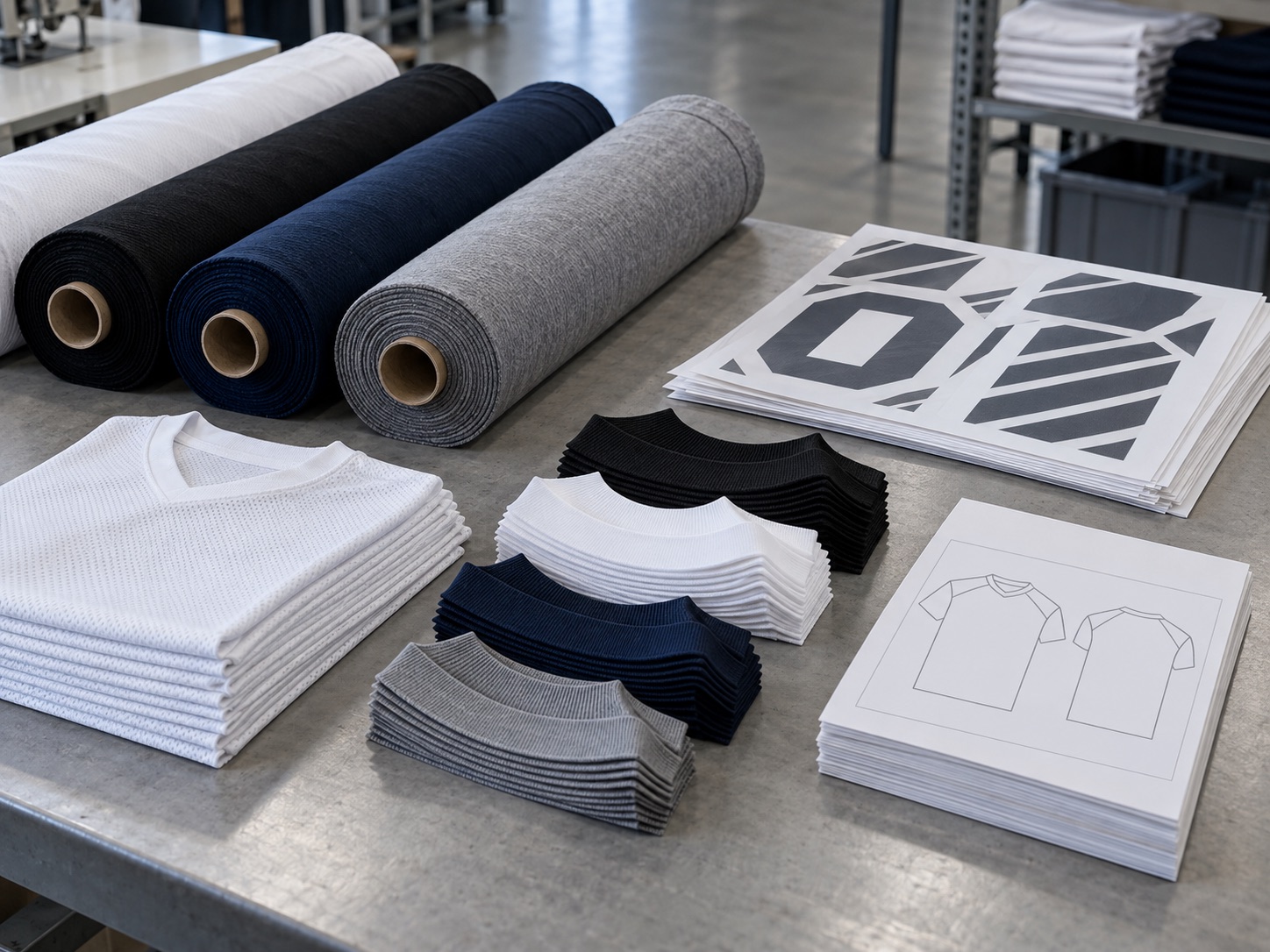 Fabric rolls, collar groups, jersey stacks and print layouts illustrating production setup minimums