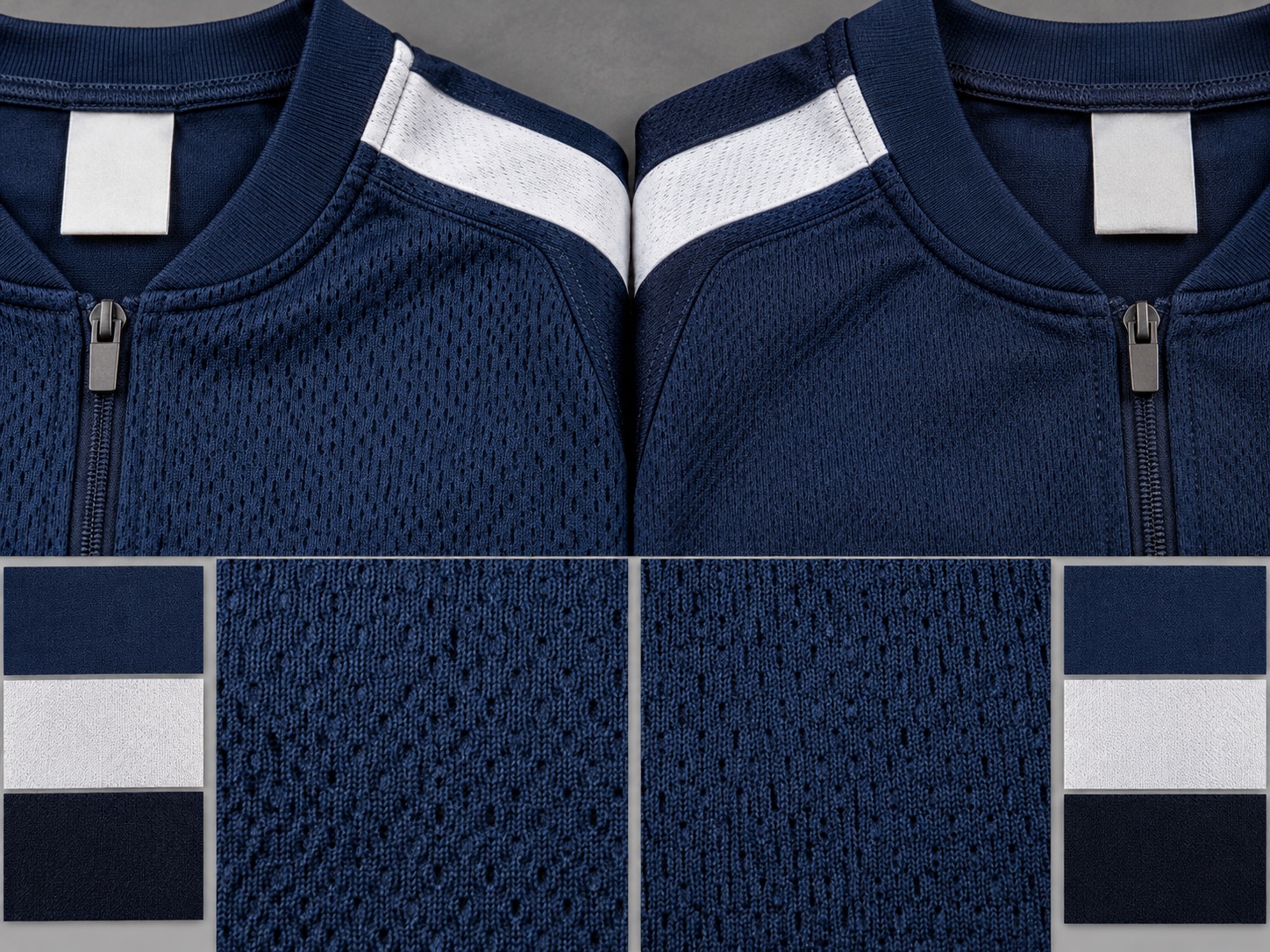Side-by-side jersey materials and trims illustrating possible differences between production batches
