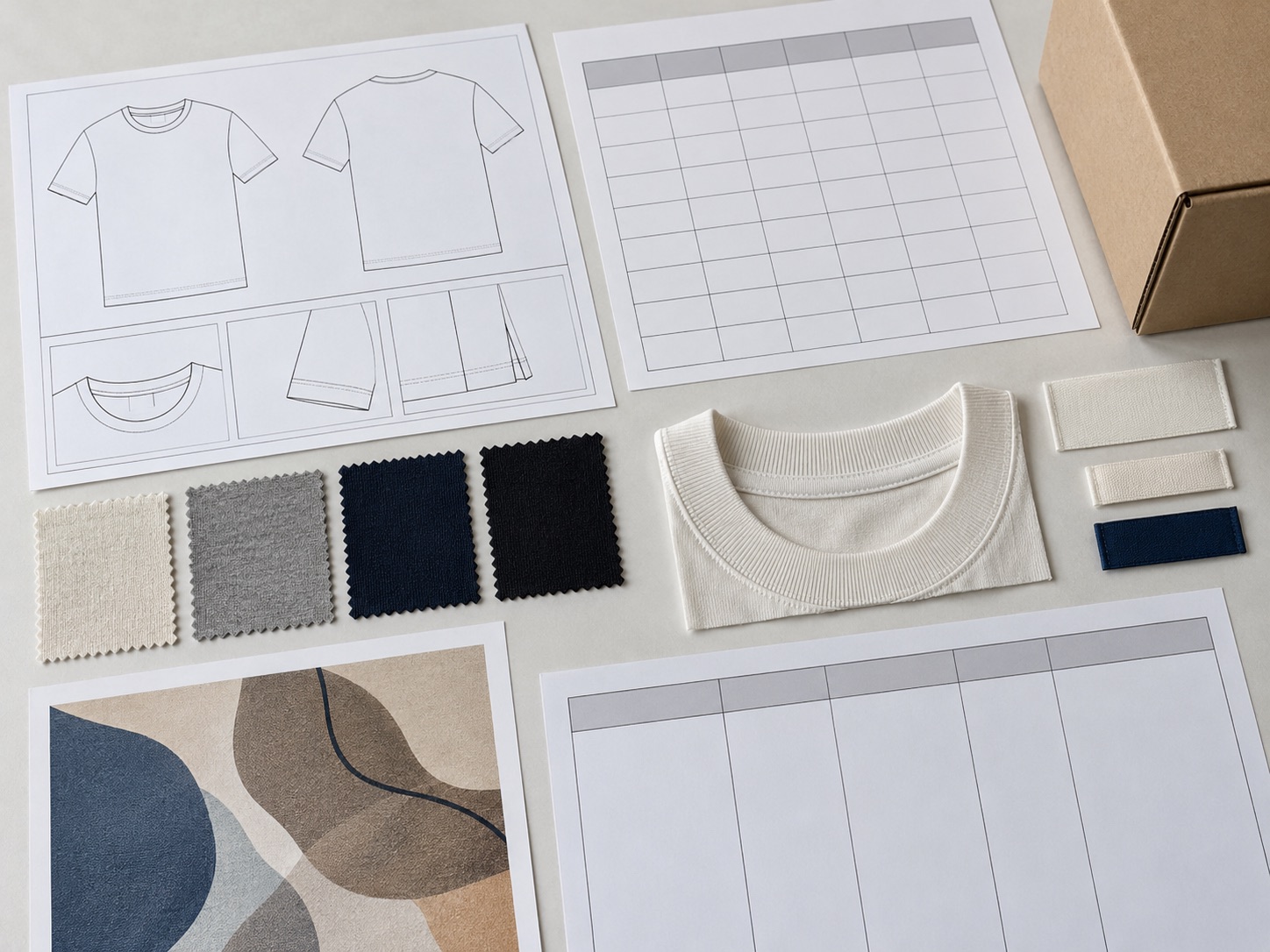 Technical drawing, empty quantity tables, swatches, collar, labels and packaging in an RFQ evidence pack