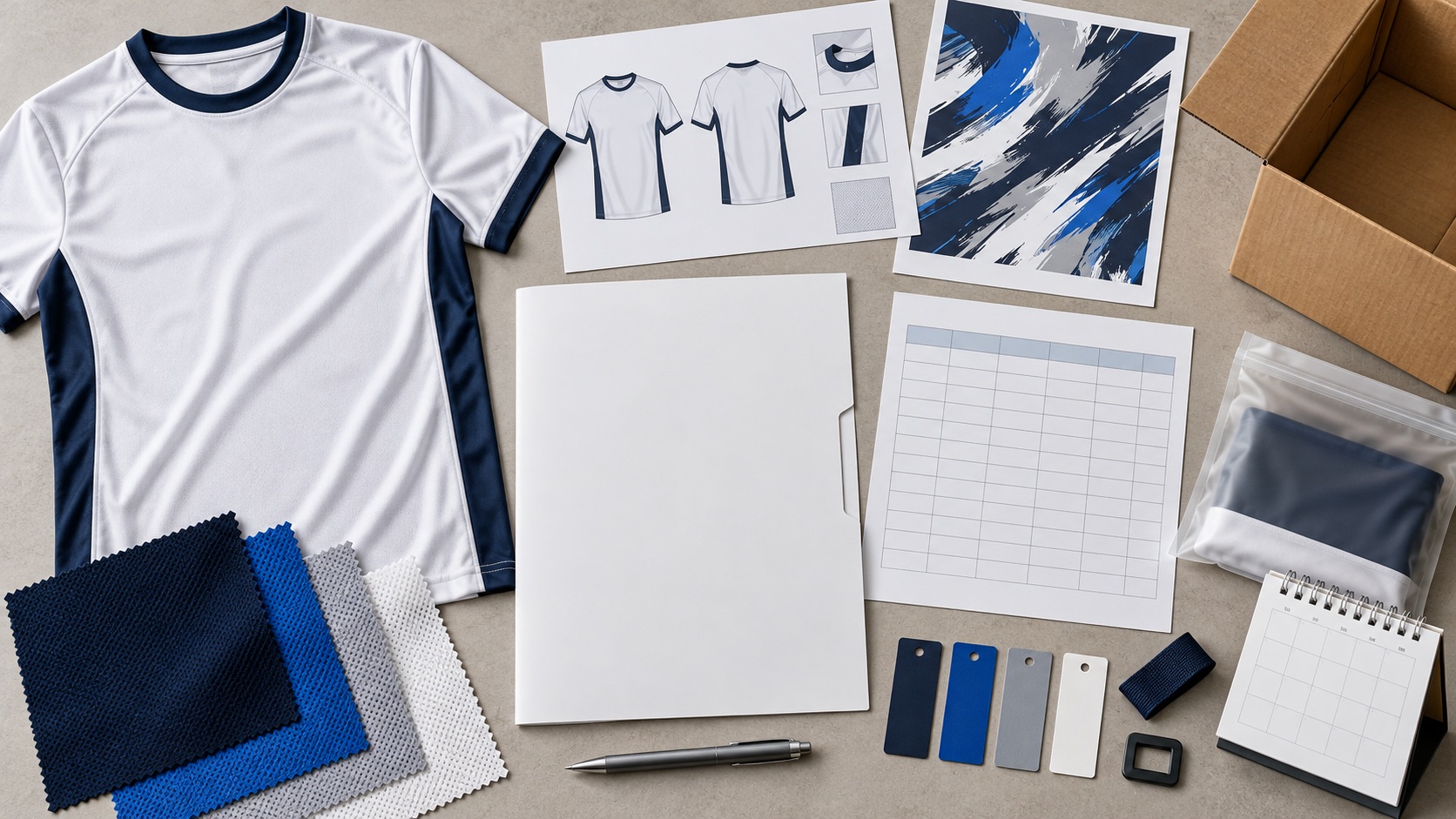 Blank RFQ folder surrounded by jersey, swatches, artwork, quantity grid, calendar and carton