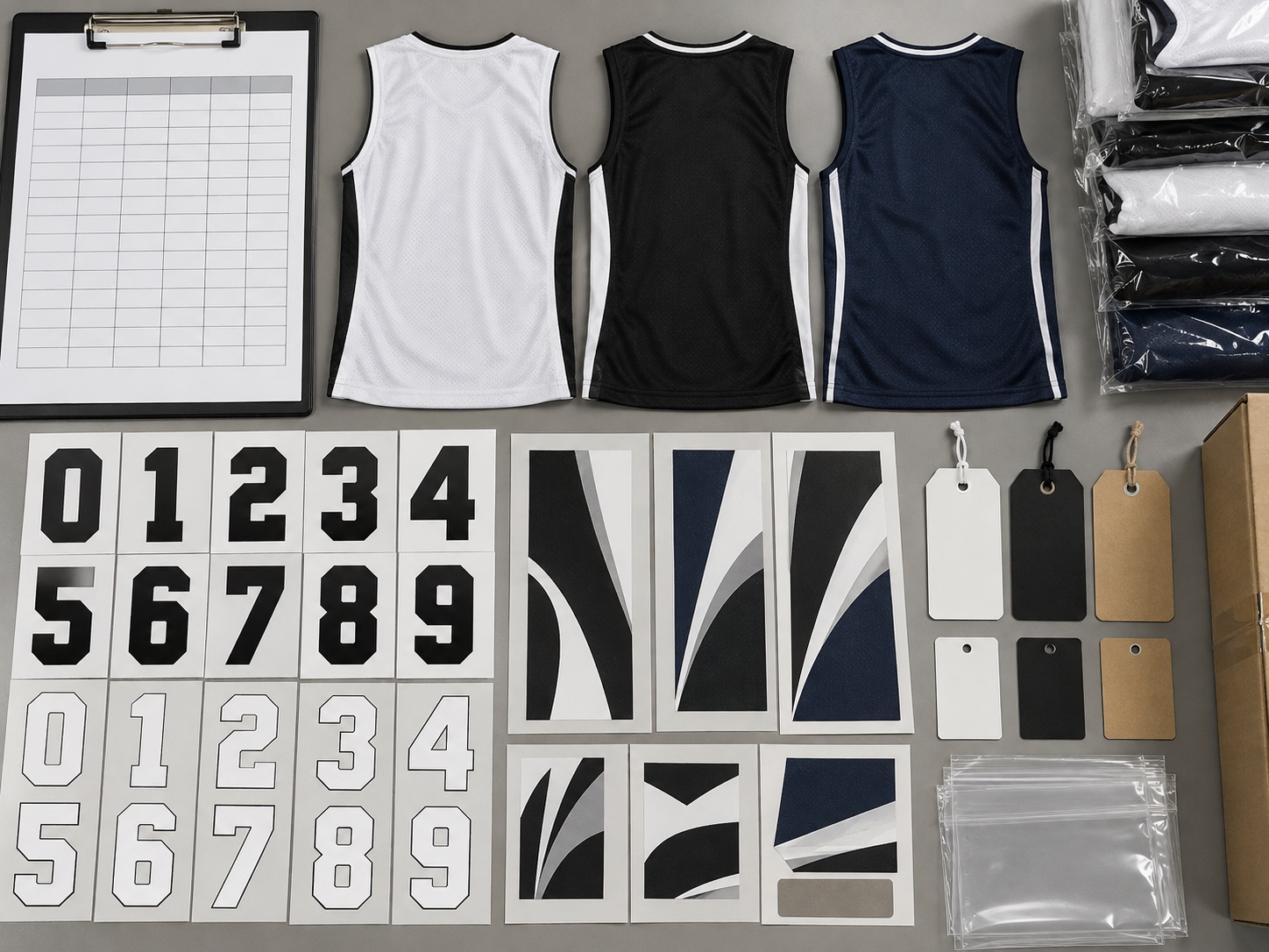 Blank roster, jersey backs, number templates, tags and packing materials used to illustrate checking