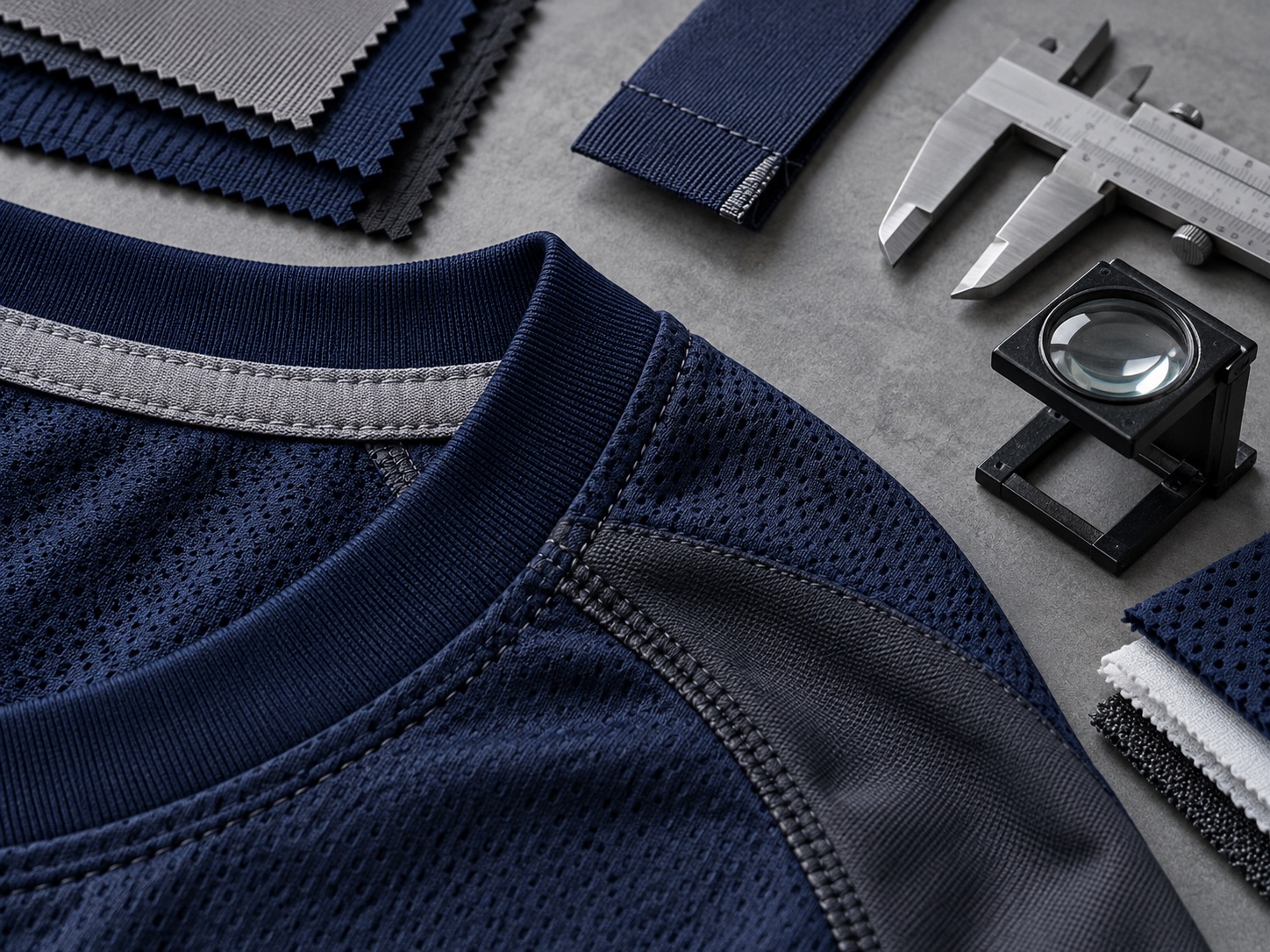 Close view of jersey collar construction, stitched samples, fabric swatches and inspection tools