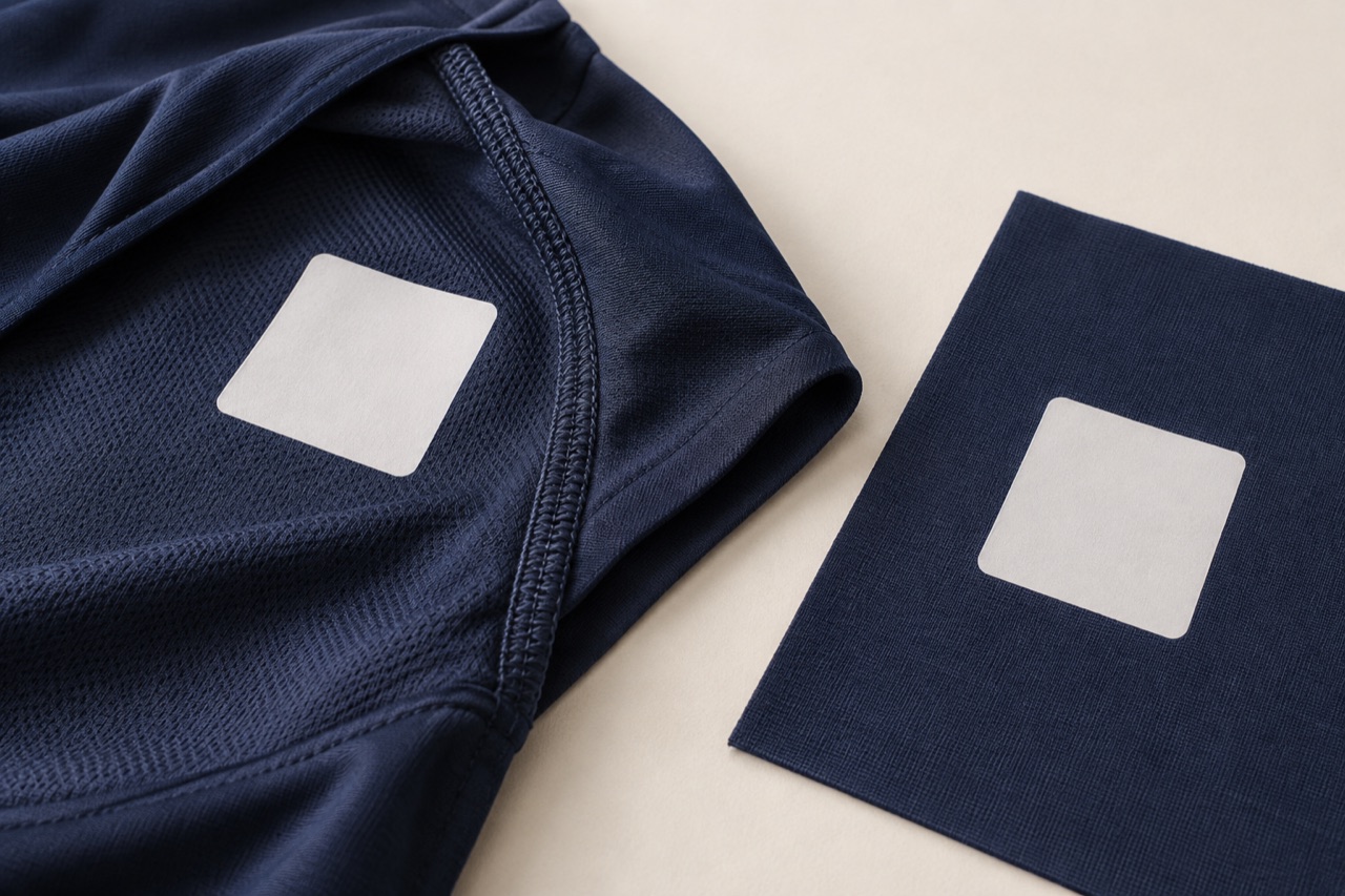 Navy garment with a raised seam beside a white patch, and a separate flat decorated panel.