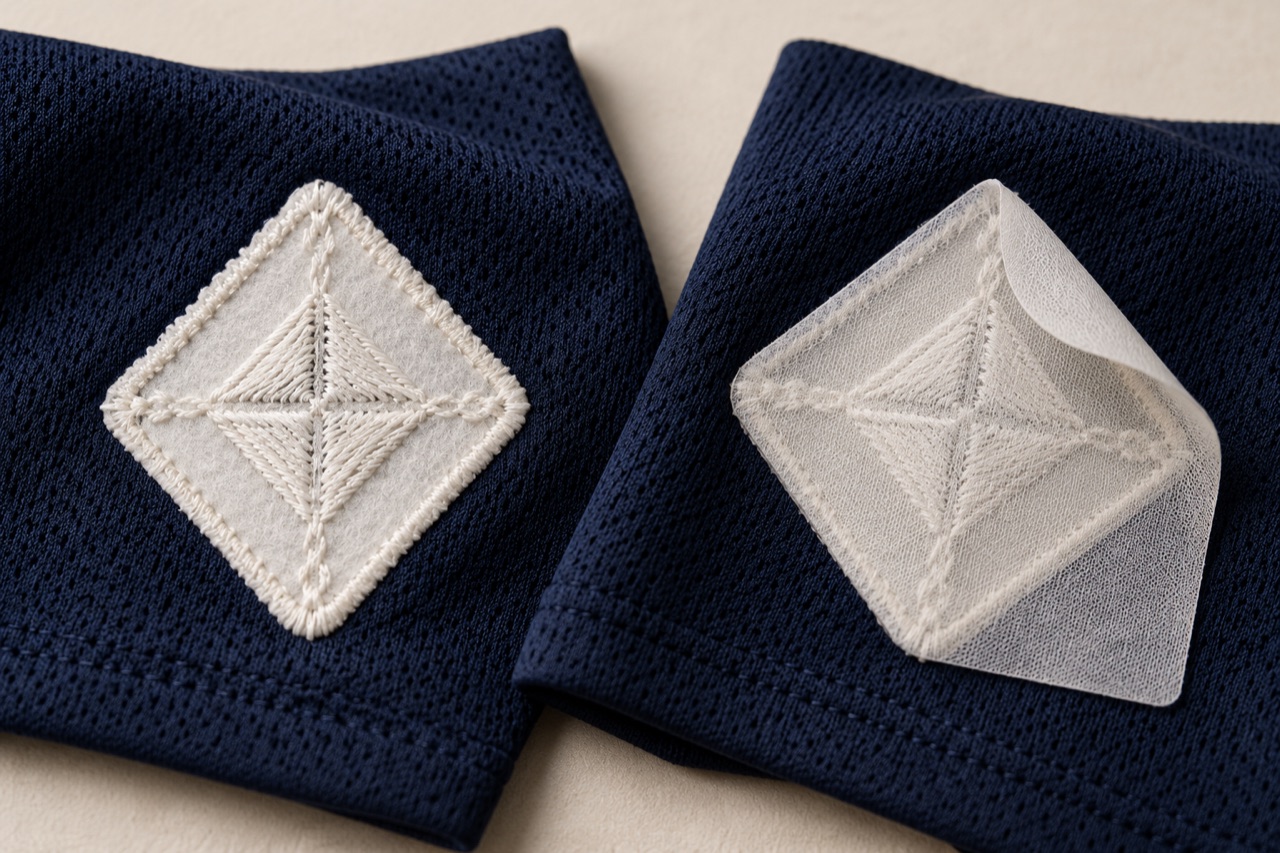 Two conceptual reverse sides of embroidered diamond emblems, one with a soft covering layer.