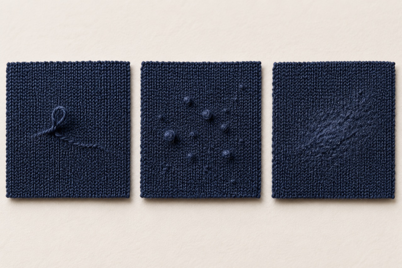 Three navy swatches illustrating a pulled loop, surface pills and a fuzzy rubbed area.