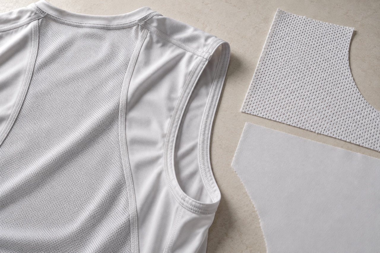 Inside of a white sports top with loose open and denser knit panels beside it.