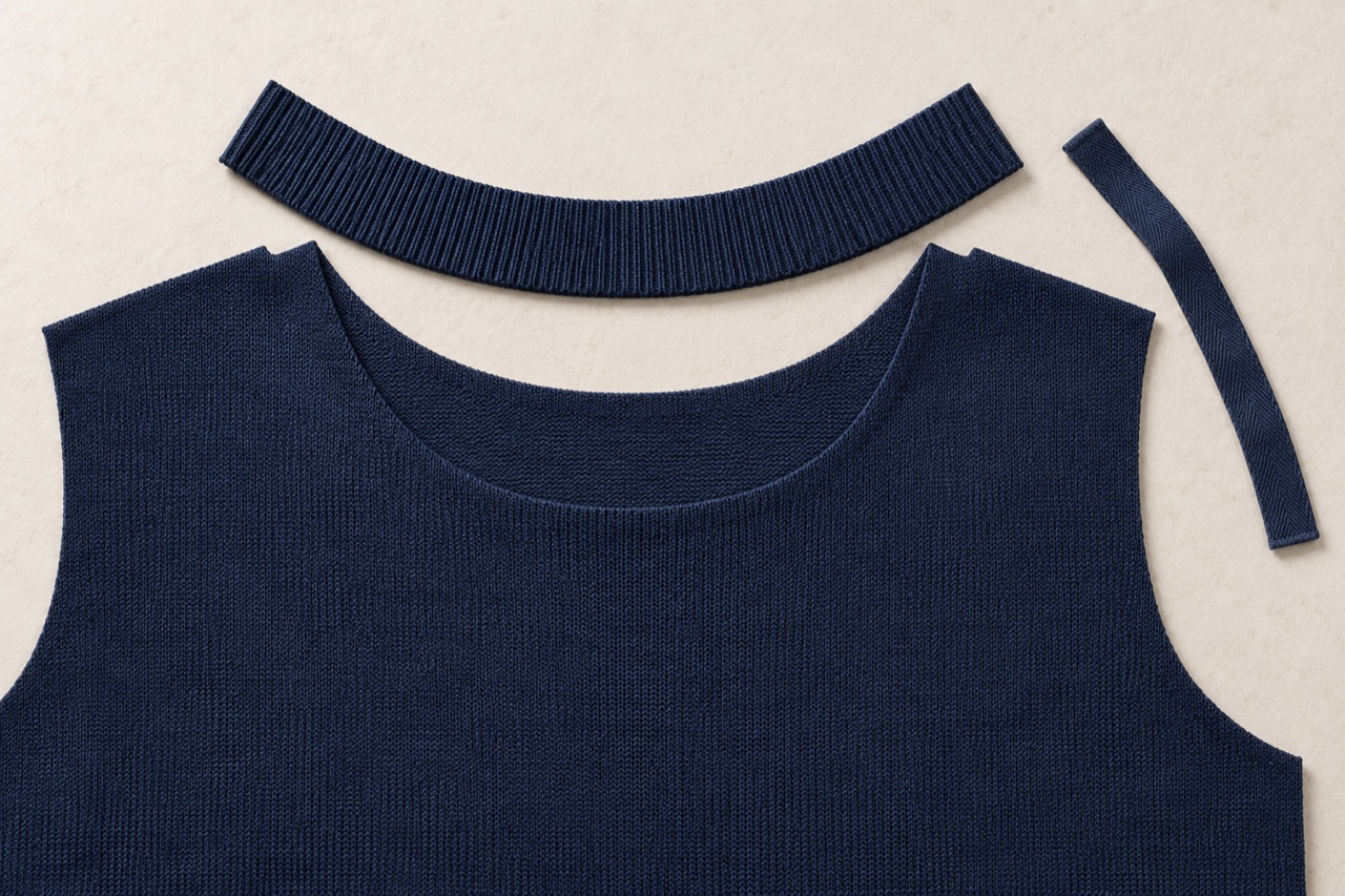 Separate navy body neckline, curved rib band and narrow finishing tape.