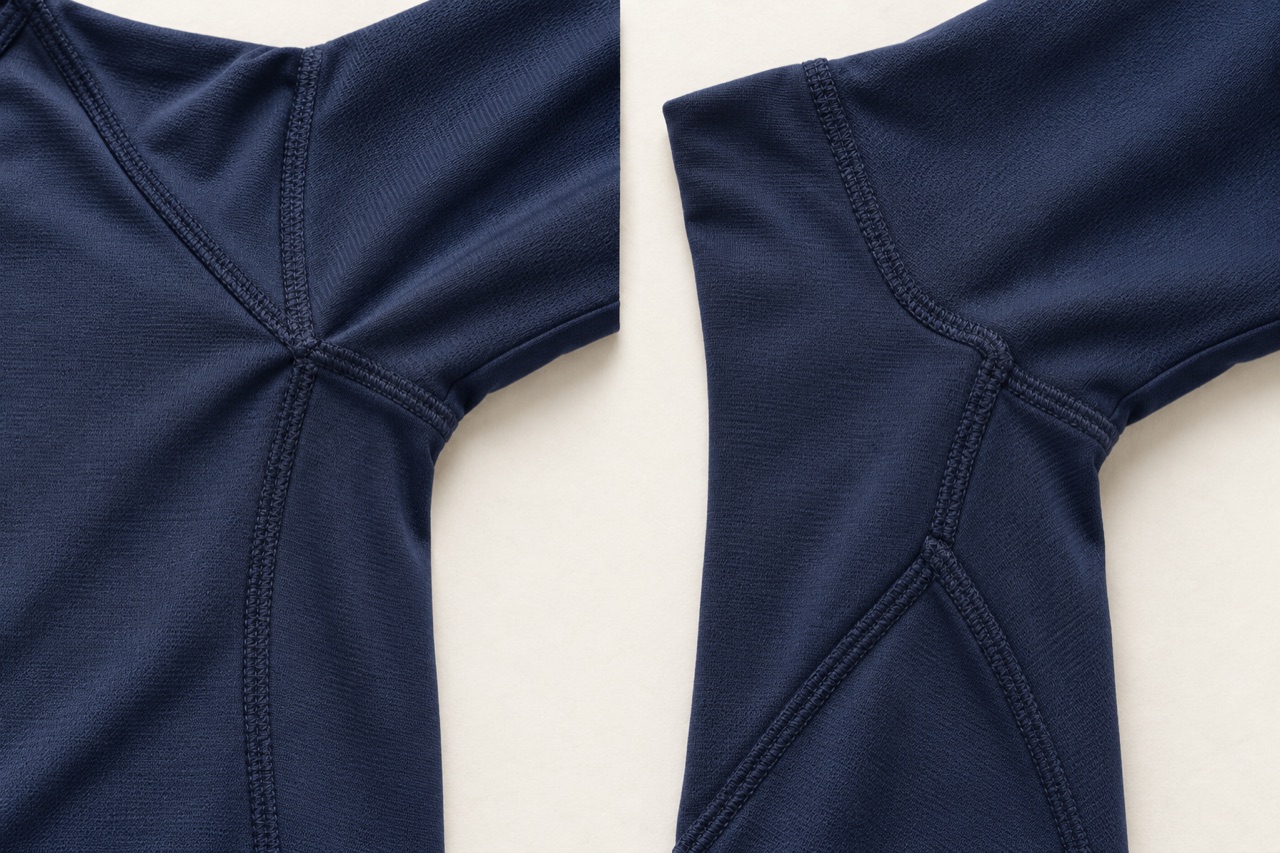 Two navy underarm areas showing concentrated and offset seam intersections.