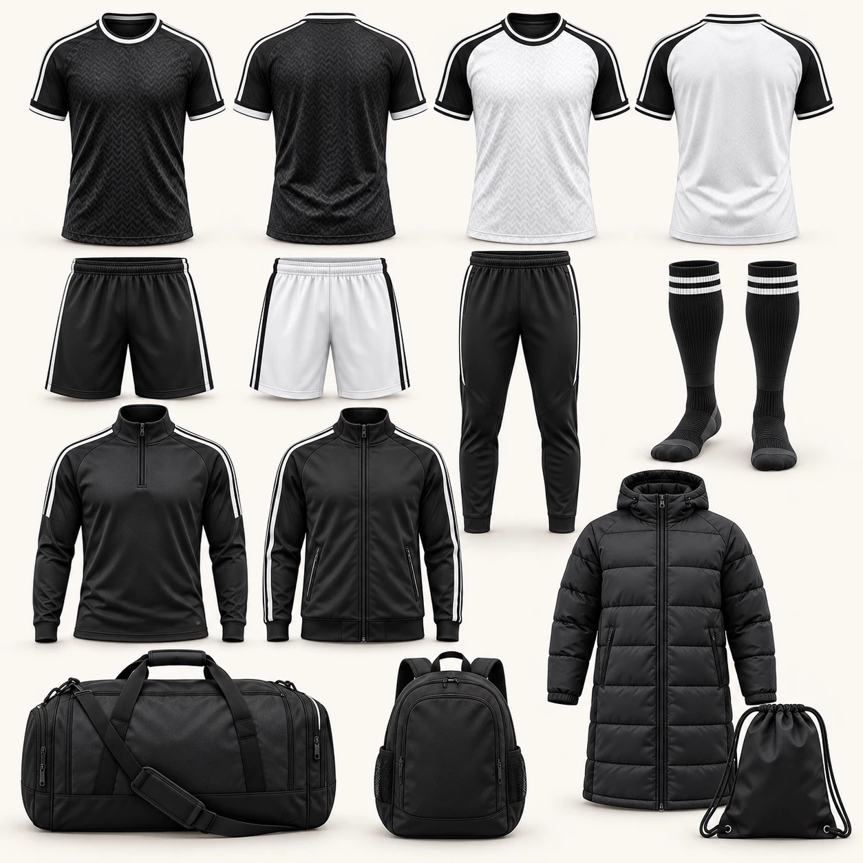 Black and white football garments and equipment arranged together
